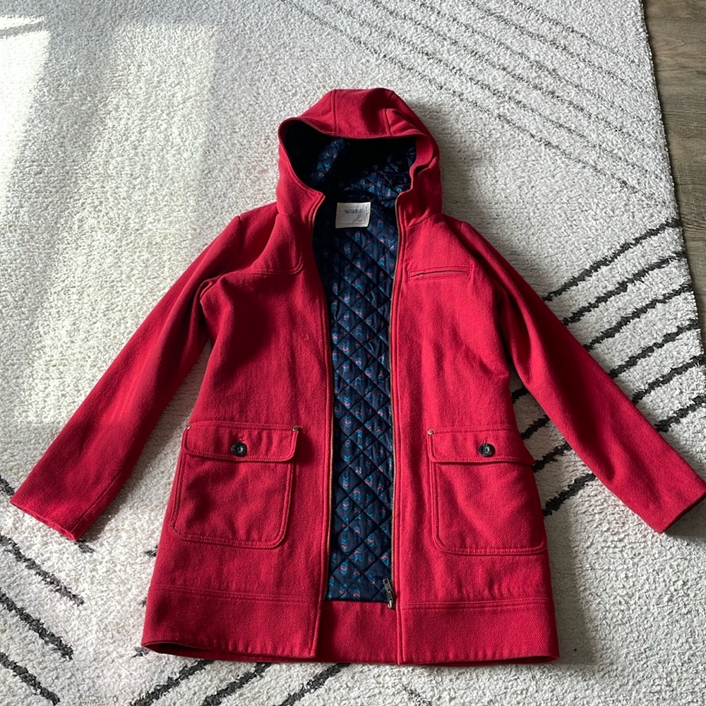 Carve Designs Red Hooded Pea Coat with Quilted Navy Lining